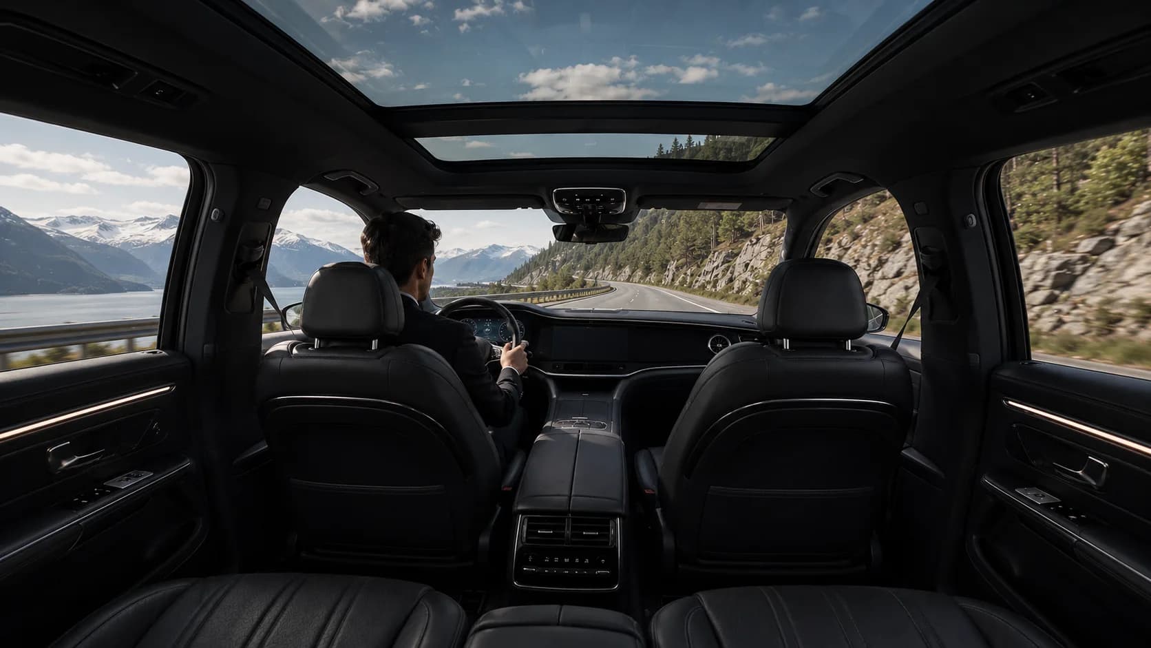 Sjåfør ved rattet i en Mercedes EQS med panoramatak, sett fra baksetet mot en fjordvei i fjellet